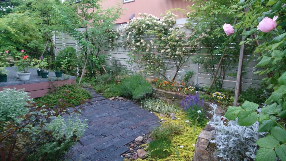 完成3年後の様子です。
アンティークレンガのテラスに植物が馴染み美しい庭に成長しました。