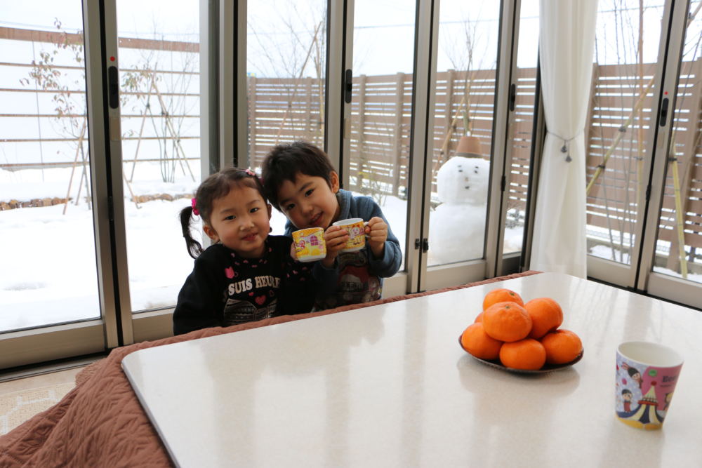 陶板タイルの電気ヒーターとコタツでポカポカ。雪景色を眺めながら遊べます。
お子様やお年寄り、ペットにも優しい気持ち良いテラスです。