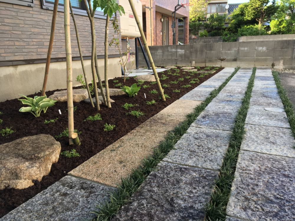 駐車スペースを兼ねた通り沿いのスペースは以前のお庭で使っていた板石を据え直し玉竜を植栽。