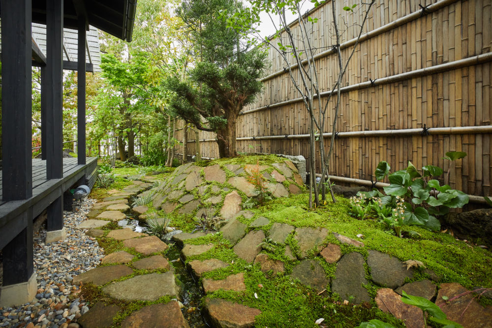 前庭から回遊できるよう園路も兼ねた飛び石を最上石で据えました。
狭小地に植栽するため勾配を高めに設定、盛り土し地中の水分が滞留しないようにしました。
風情のある天然石で土留めを兼ねた石張りを施してあります。
竹垣前には苔を貼り、屋根の雨落ち部分は飛び石と砂利を敷き詰めてあります。
雨水は流れを利用し排水します。