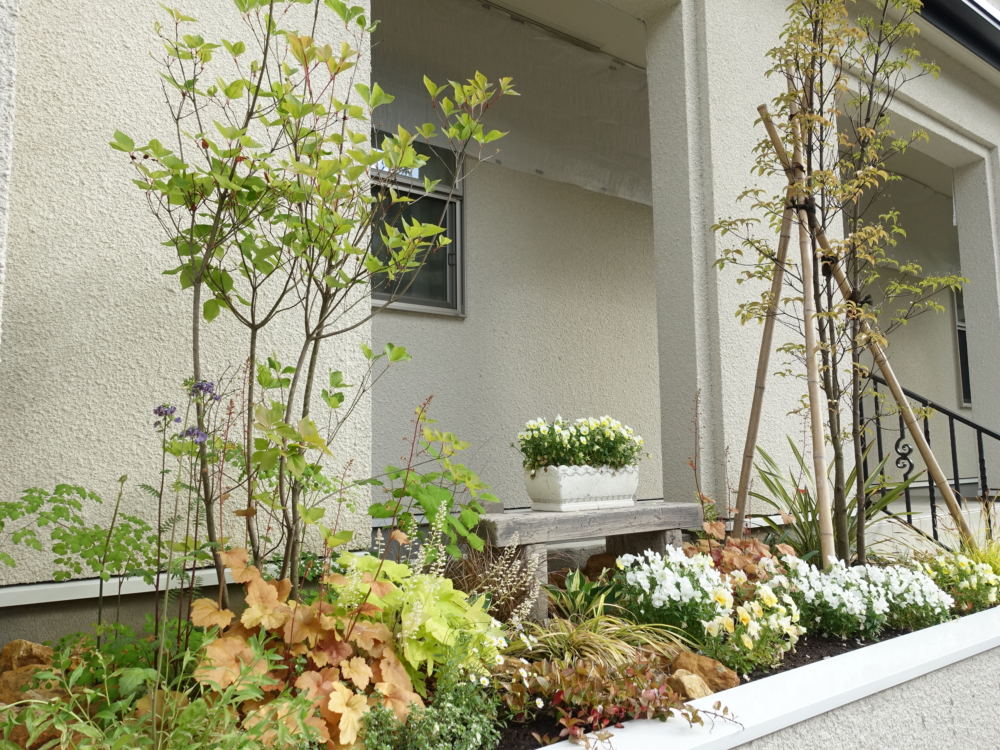 完成半年後

玄関前の花壇。

常緑ヤマボウシの高木に足元はシャープな印象のニューサイランやコルジリネ。それらを、和らげそして引き立てるヒューケラなどの丸いカラーリーフ、葉色や形が楽しめます。愛らしい花を咲かせるミツバツツジも見えますね。季節の変化を楽しめるナチュラルガーデンです。

小窓の下にはコンクリート製枕木のベンチ。ビンテージの風合いなのでそのままでも雰囲気が出てますが、寄せ植えなどの鉢物やガーデンアイテムを置いても楽しめるスポットです。