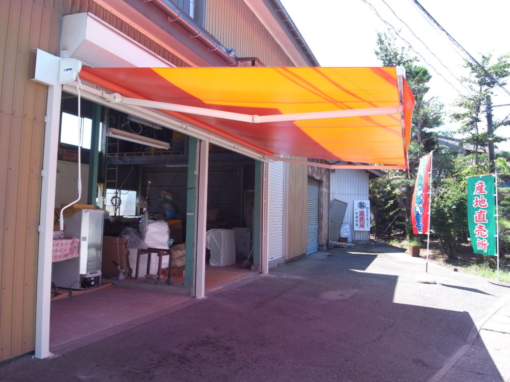 タカノ　ジェノバ　幅5500ｃｍ　出幅2500ｃｍ
 
生地は彩FC　カラー：橙色（投光率6.1％、紫外線遮蔽率100％）
シルクタッチのやわらかな質感が魅力です。
