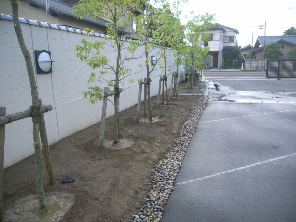 通気・透水性向上と根腐れ防止効果のある土壌改良材と植物の根に必要な酸素を常に保持し、滞水しても長く腐らせない働きがある酸素管を埋設しました。