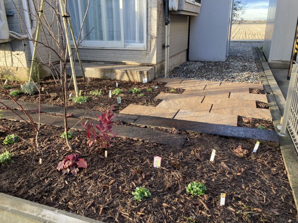 お家の裏に繋がるアプローチはインターロッキングブロックのパエリア(カラーはサフラン)に。
一部素材を変えるだけでリズム感がでます。
カーポートで影になるので日陰でも育つ植物を中心に植栽しました。