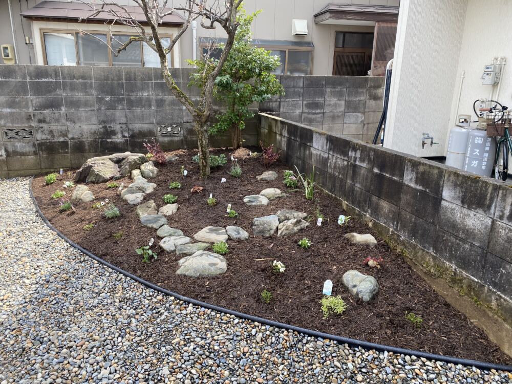 草花は毎年お好きな植物を植えられるように、手前には背の低いビオラ、ロベリア、バーベナなどの可愛らしい一年草や地被植物のタイム ロンギカリウスを、奥の方には初夏から初秋にかけて涼し気な花を咲かせるベロニカやペンステモン、ネペタ等背の高い植物を植栽、風にそよぐ姿を楽しめるようになりました。