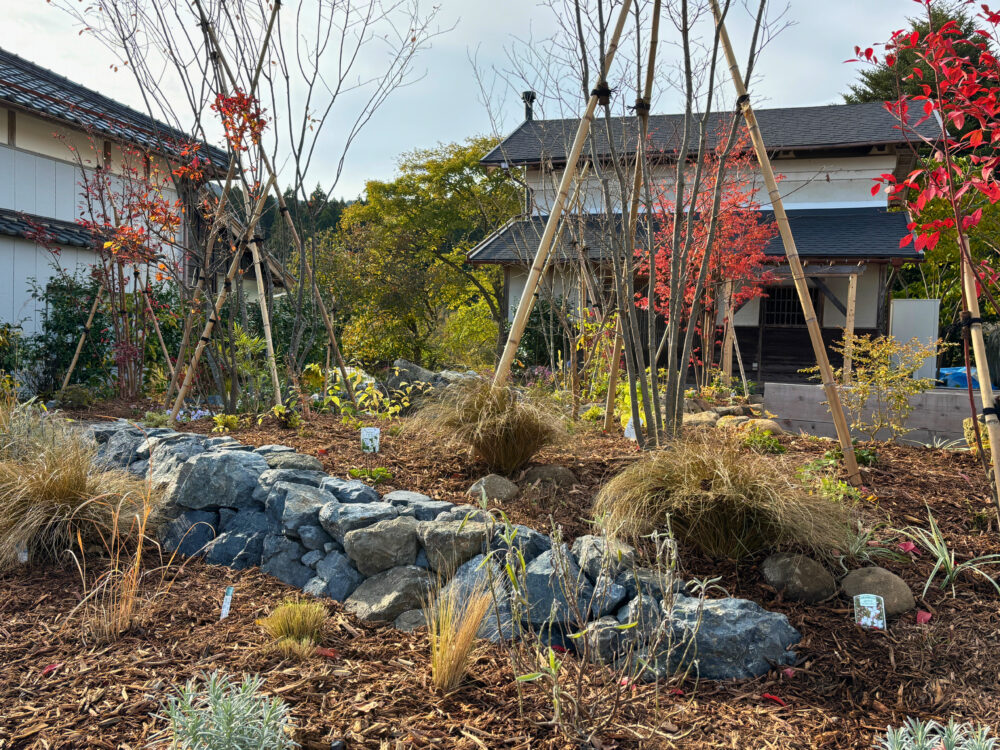 里山の景色と馴染みながら、お手入れの負担が軽減するお庭になりました。
工事の際に出てきた石を利用した石積みが植栽スペースの土留めとなっています。
石積みの曲線が庭に奥行きと広がりを感じさせます。