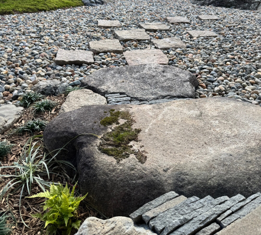 母屋の縁側には沓脱石を設置、敷地から出てきた方形の石で主庭へ導きます。